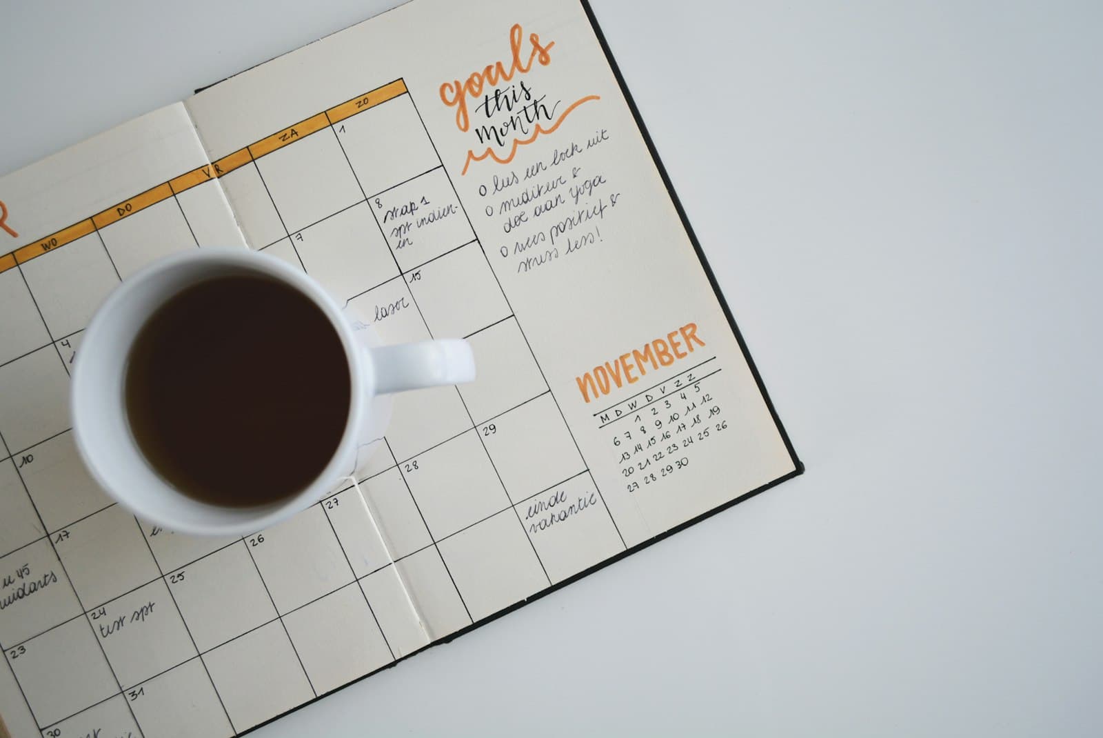 An open calendar with the month laid out.